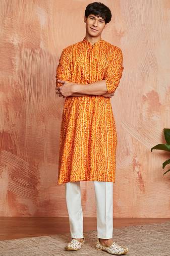 mustard foil bandhani digital print rayon kurta with cream viscose pyjama | warm festive set