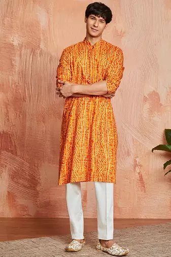 mustard foil bandhani digital print rayon kurta with cream viscose pyjama | warm festive set