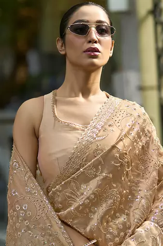 Beige embroidered banarasi saree