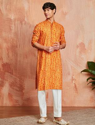 mustard foil bandhani digital print rayon kurta with cream viscose pyjama | warm festive set 2