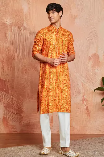 mustard foil bandhani digital print rayon kurta with cream viscose pyjama | warm festive set