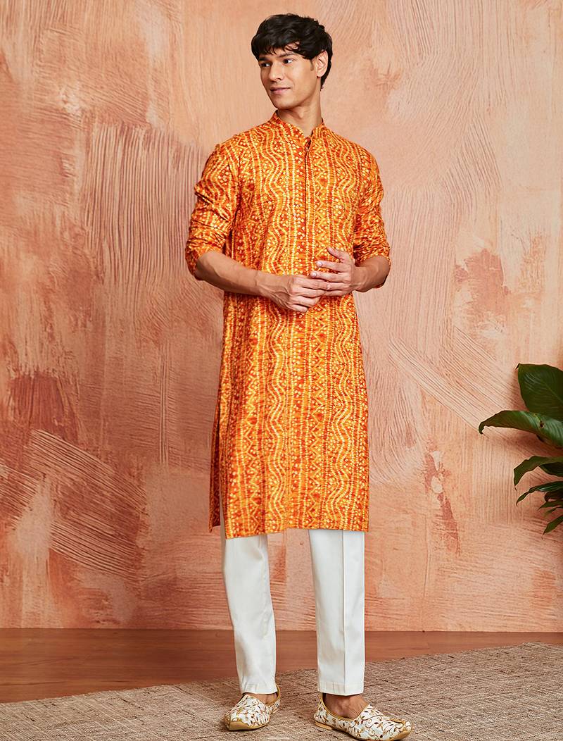 mustard foil bandhani digital print rayon kurta with cream viscose pyjama | warm festive set