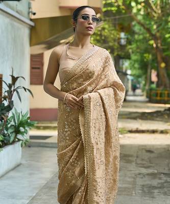 Beige embroidered banarasi saree 3