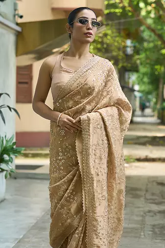Beige embroidered banarasi saree