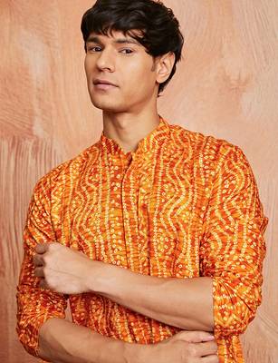 mustard foil bandhani digital print rayon kurta with cream viscose pyjama | warm festive set 3