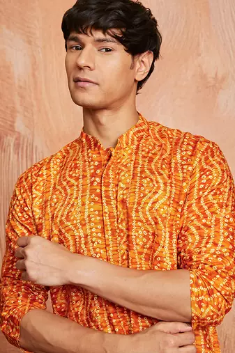 mustard foil bandhani digital print rayon kurta with cream viscose pyjama | warm festive set