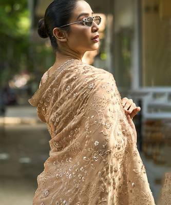 Beige embroidered banarasi saree 4