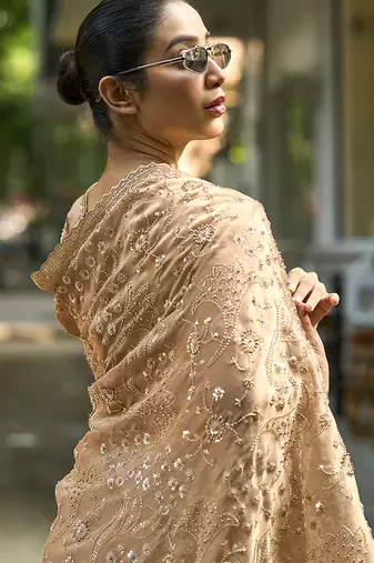 Beige embroidered banarasi saree