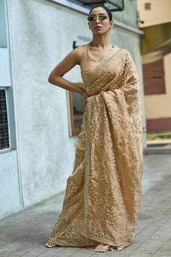 Beige embroidered banarasi saree