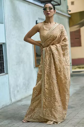 Beige embroidered banarasi saree