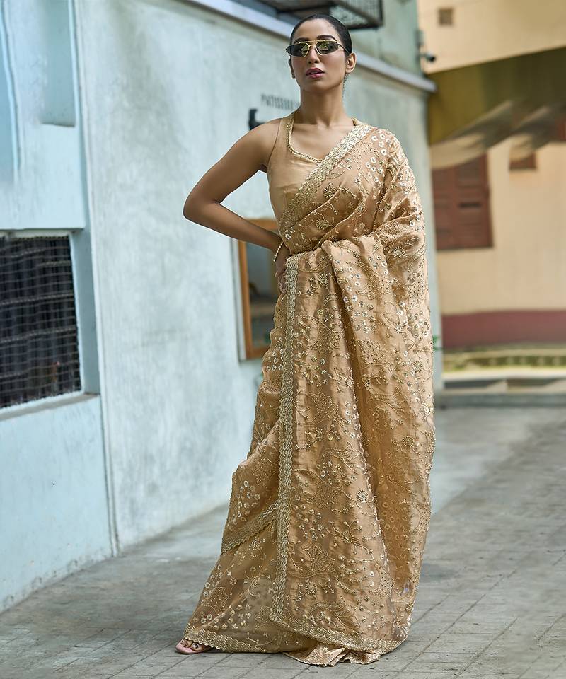 Beige embroidered banarasi saree