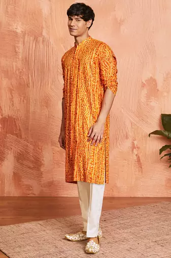 mustard foil bandhani digital print rayon kurta with cream viscose pyjama | warm festive set