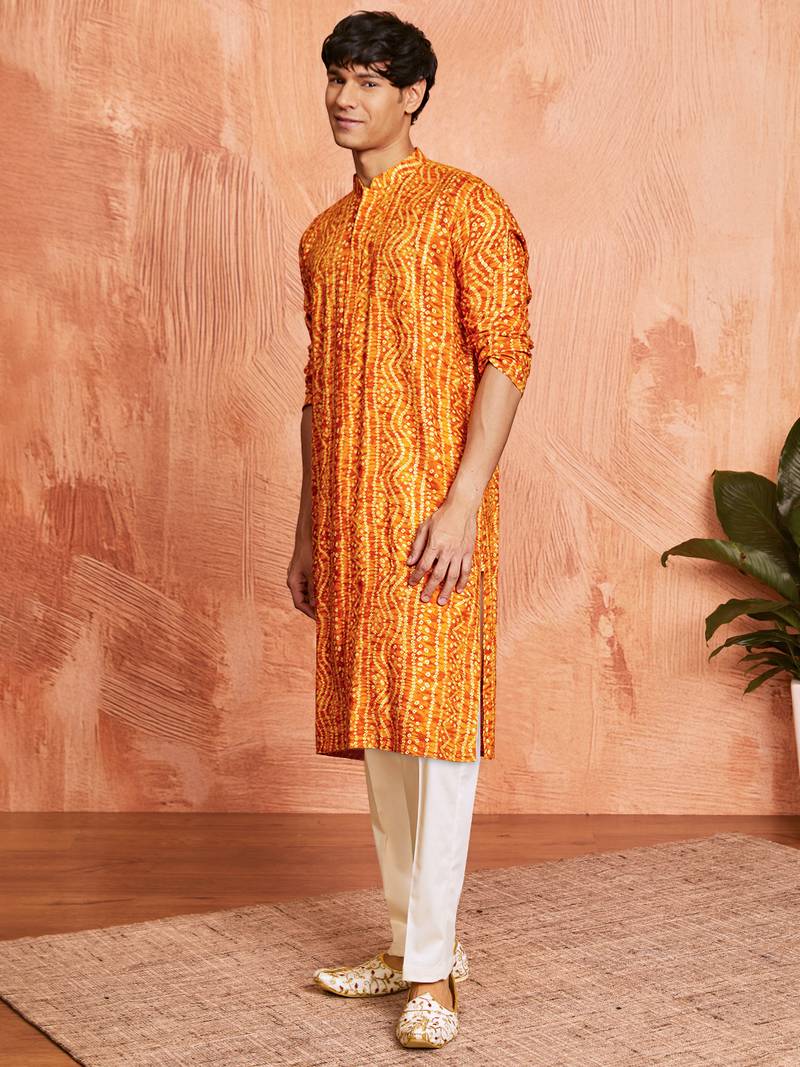 mustard foil bandhani digital print rayon kurta with cream viscose pyjama | warm festive set