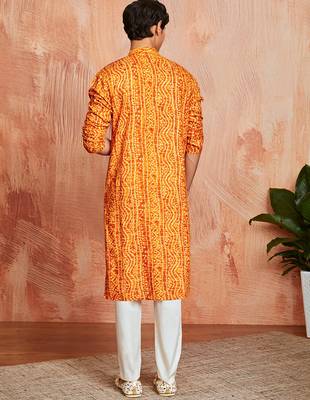 mustard foil bandhani digital print rayon kurta with cream viscose pyjama | warm festive set 5
