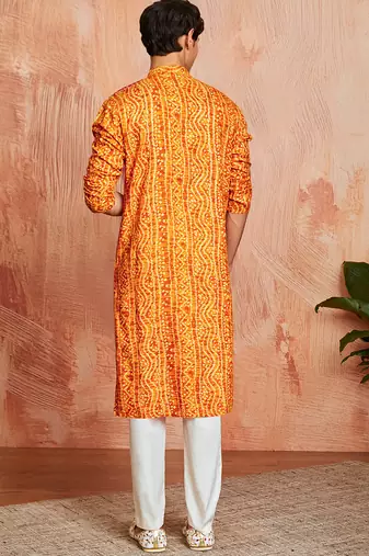 mustard foil bandhani digital print rayon kurta with cream viscose pyjama | warm festive set