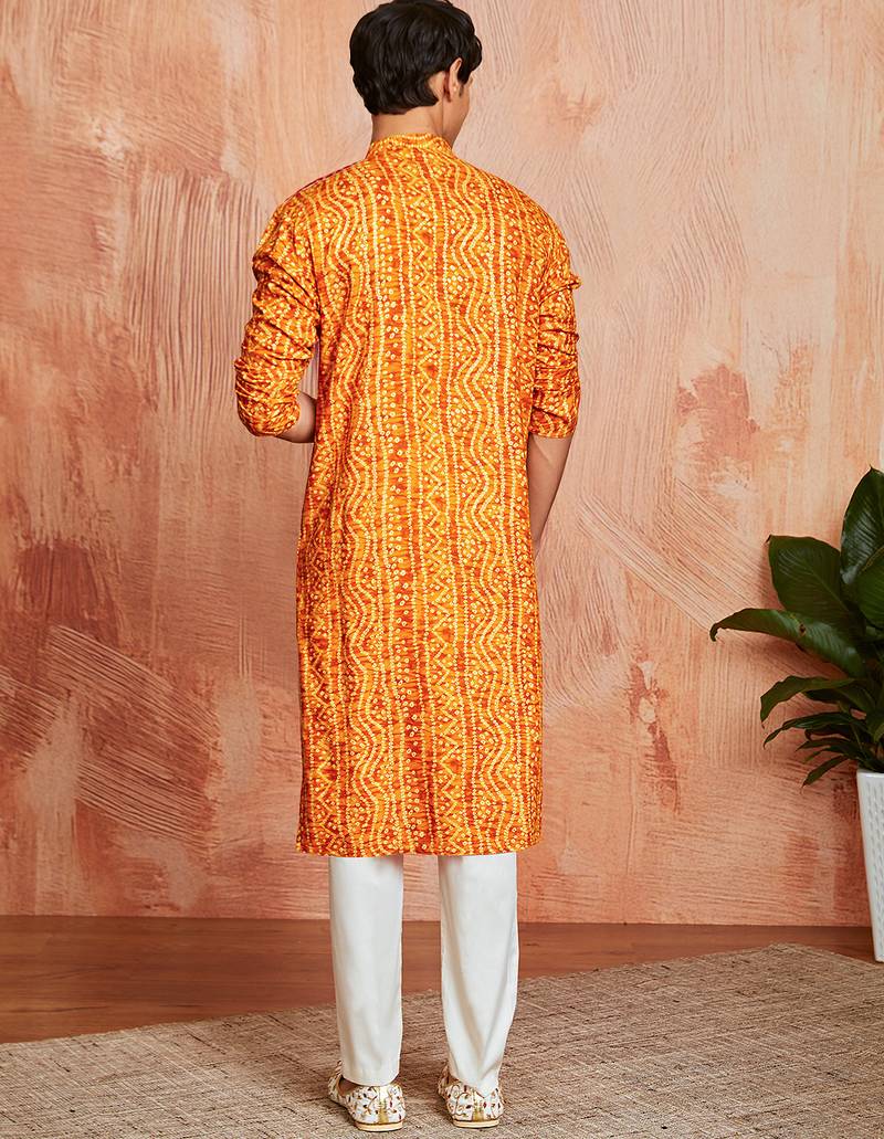 mustard foil bandhani digital print rayon kurta with cream viscose pyjama | warm festive set