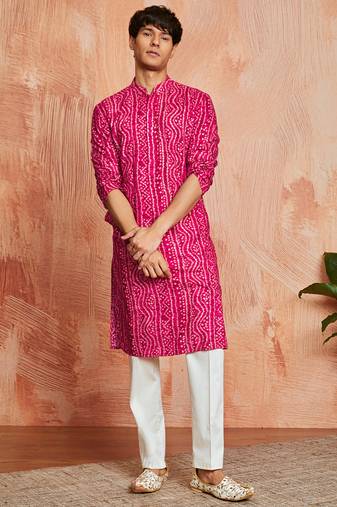 falsa foil bandhani digital print rayon kurta with cream viscose pyjama | vibrant festive wear