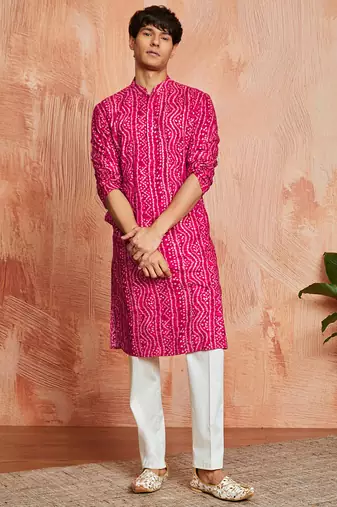 falsa foil bandhani digital print rayon kurta with cream viscose pyjama | vibrant festive wear