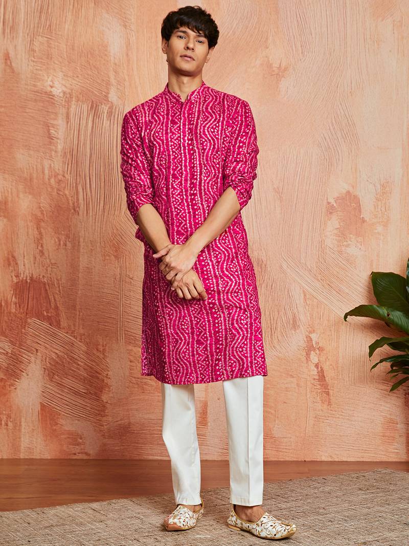 falsa foil bandhani digital print rayon kurta with cream viscose pyjama | vibrant festive wear