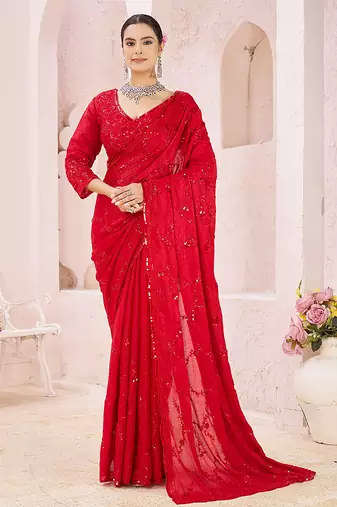Red embroidered crepe saree