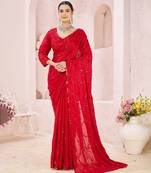 Red embroidered crepe saree