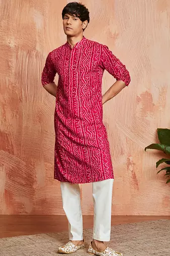 falsa foil bandhani digital print rayon kurta with cream viscose pyjama | vibrant festive wear