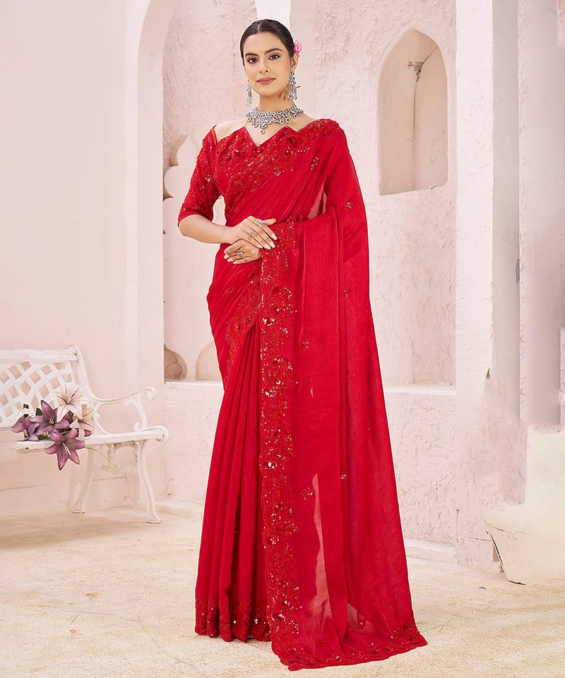 Red embroidered crepe saree
