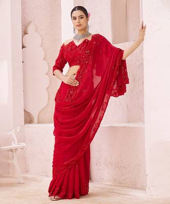 Red embroidered crepe saree 2