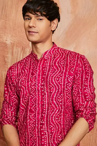 falsa foil bandhani digital print rayon kurta with cream viscose pyjama | vibrant festive wear