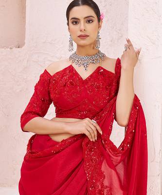 Red embroidered crepe saree 3