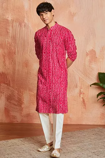 falsa foil bandhani digital print rayon kurta with cream viscose pyjama | vibrant festive wear
