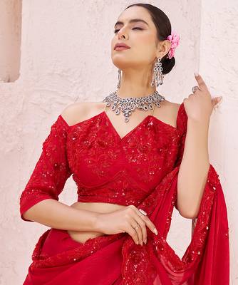 Red embroidered crepe saree 4