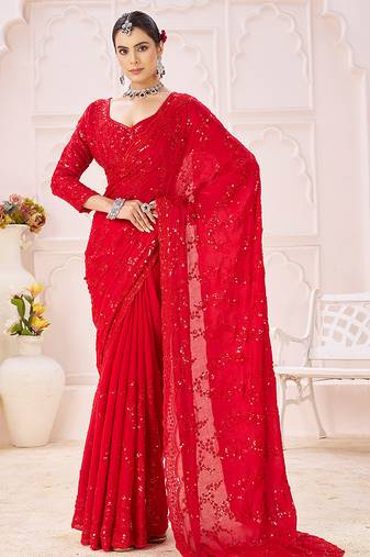 Red embroidered crepe saree