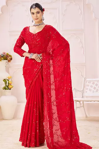 Red embroidered crepe saree