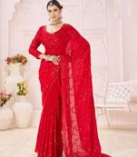 Red embroidered crepe saree