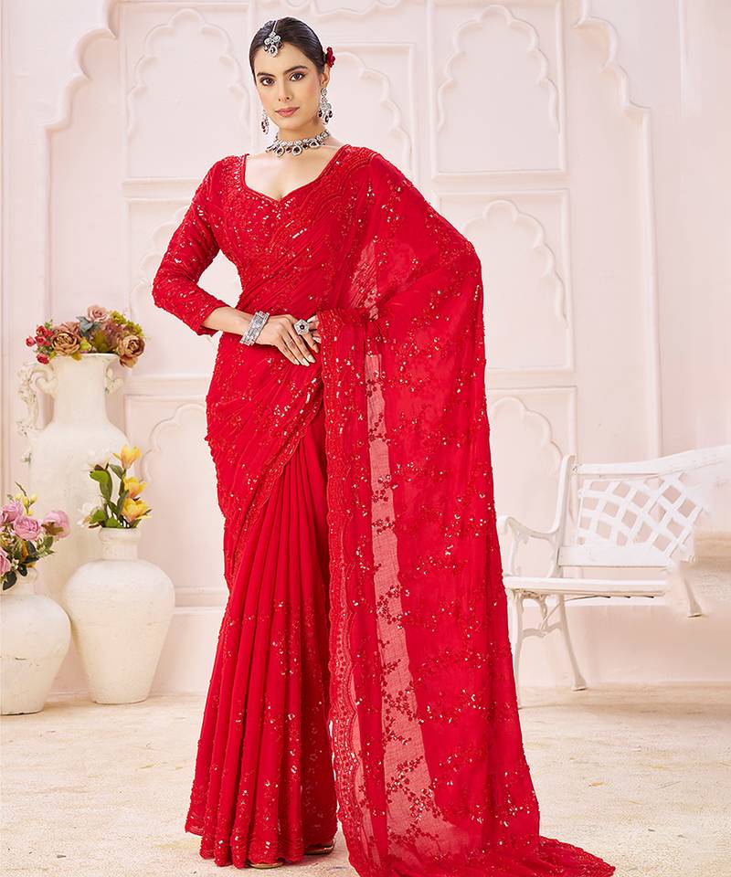Red embroidered crepe saree