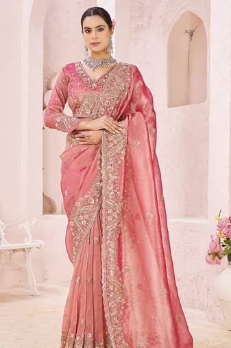 Pink embroidered tissue organza saree