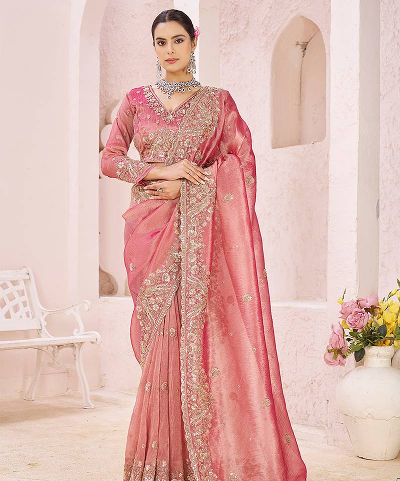 Pink embroidered tissue organza saree