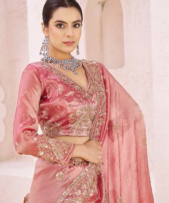Pink embroidered tissue organza saree 2