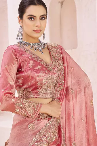 Pink embroidered tissue organza saree