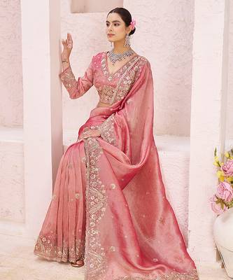 Pink embroidered tissue organza saree 3