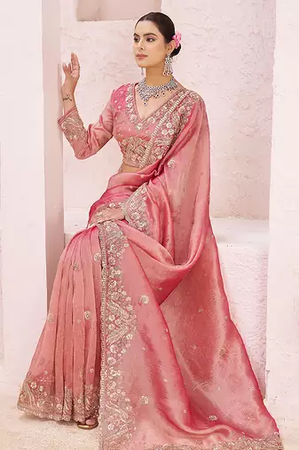 Pink embroidered tissue organza saree