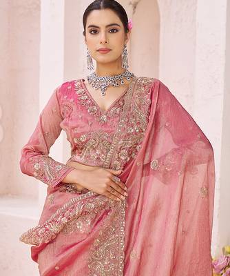 Pink embroidered tissue organza saree 4