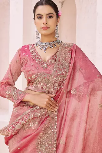 Pink embroidered tissue organza saree