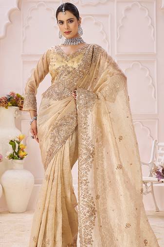 Beige embroidered tissue organza saree