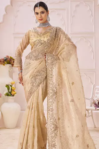 Beige embroidered tissue organza saree