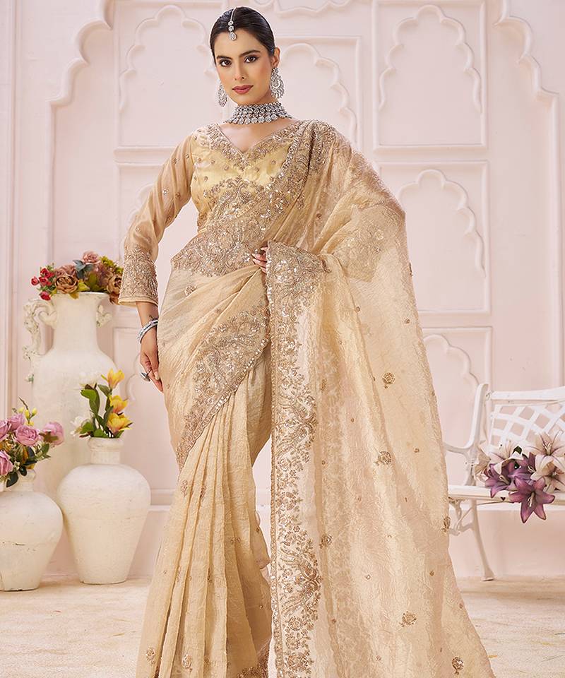 Beige embroidered tissue organza saree