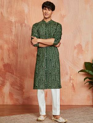 green foil bandhani digital print rayon kurta with cream viscose pyjama | fresh festive casual set 1