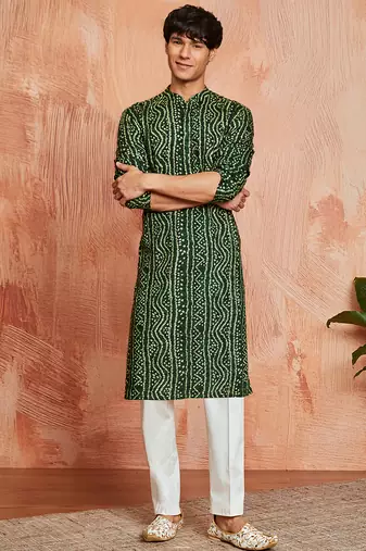 green foil bandhani digital print rayon kurta with cream viscose pyjama | fresh festive casual set