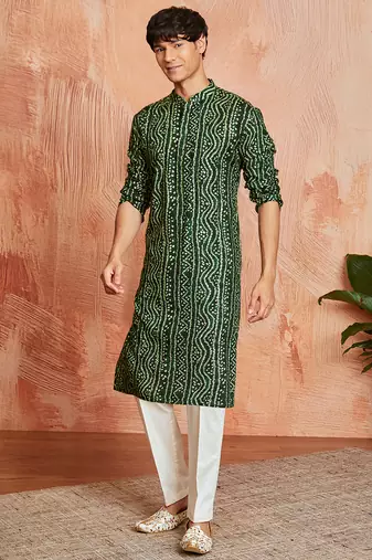 green foil bandhani digital print rayon kurta with cream viscose pyjama | fresh festive casual set